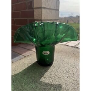 VTG Bischoff Kingstown Blown Glass Fan Vase Ruffled Peacock Green 6"